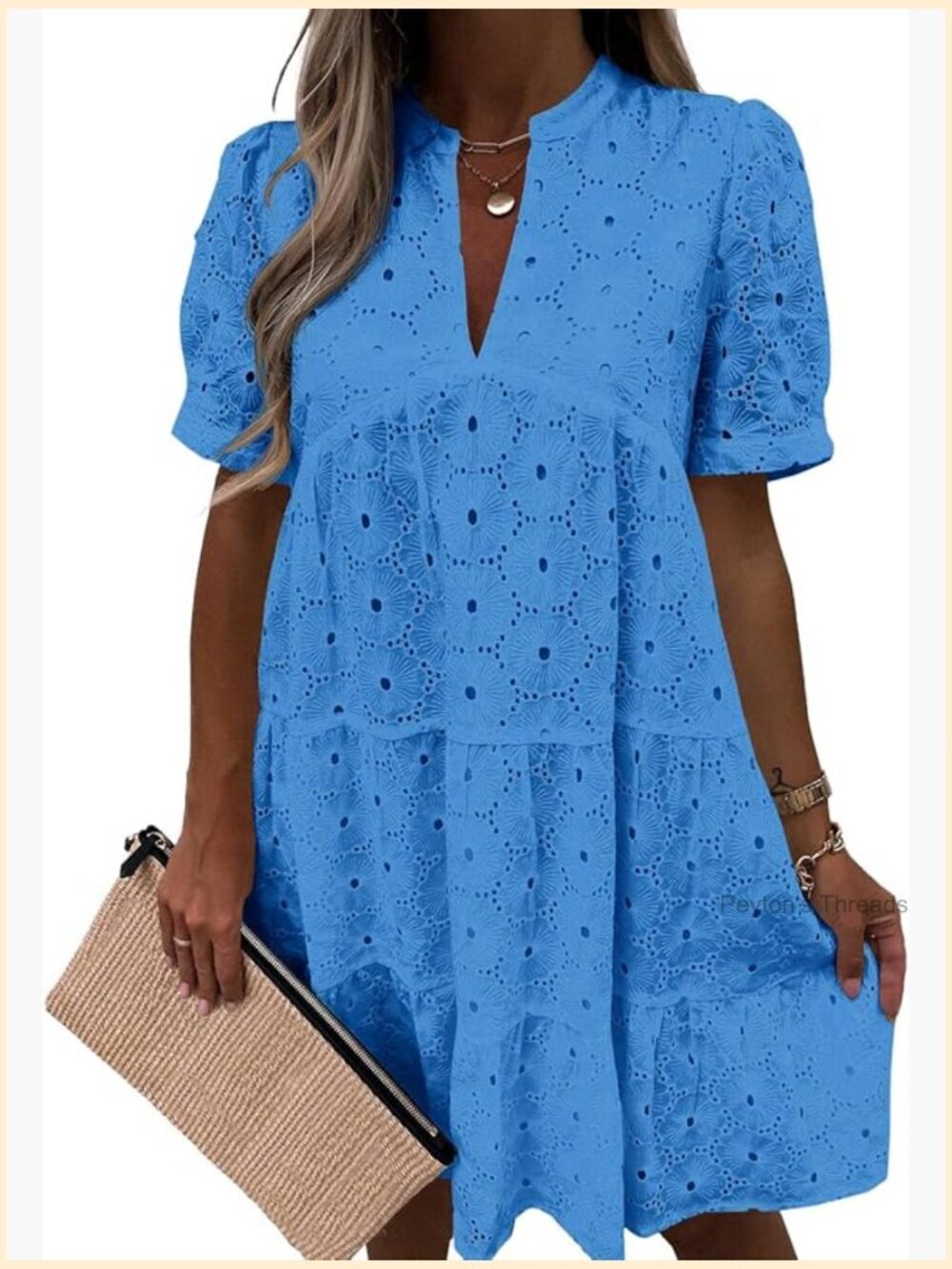 Eyelet Lace Babydoll Swing Dress Short Sleeve V Neck Flowy Casual Summer Midi
